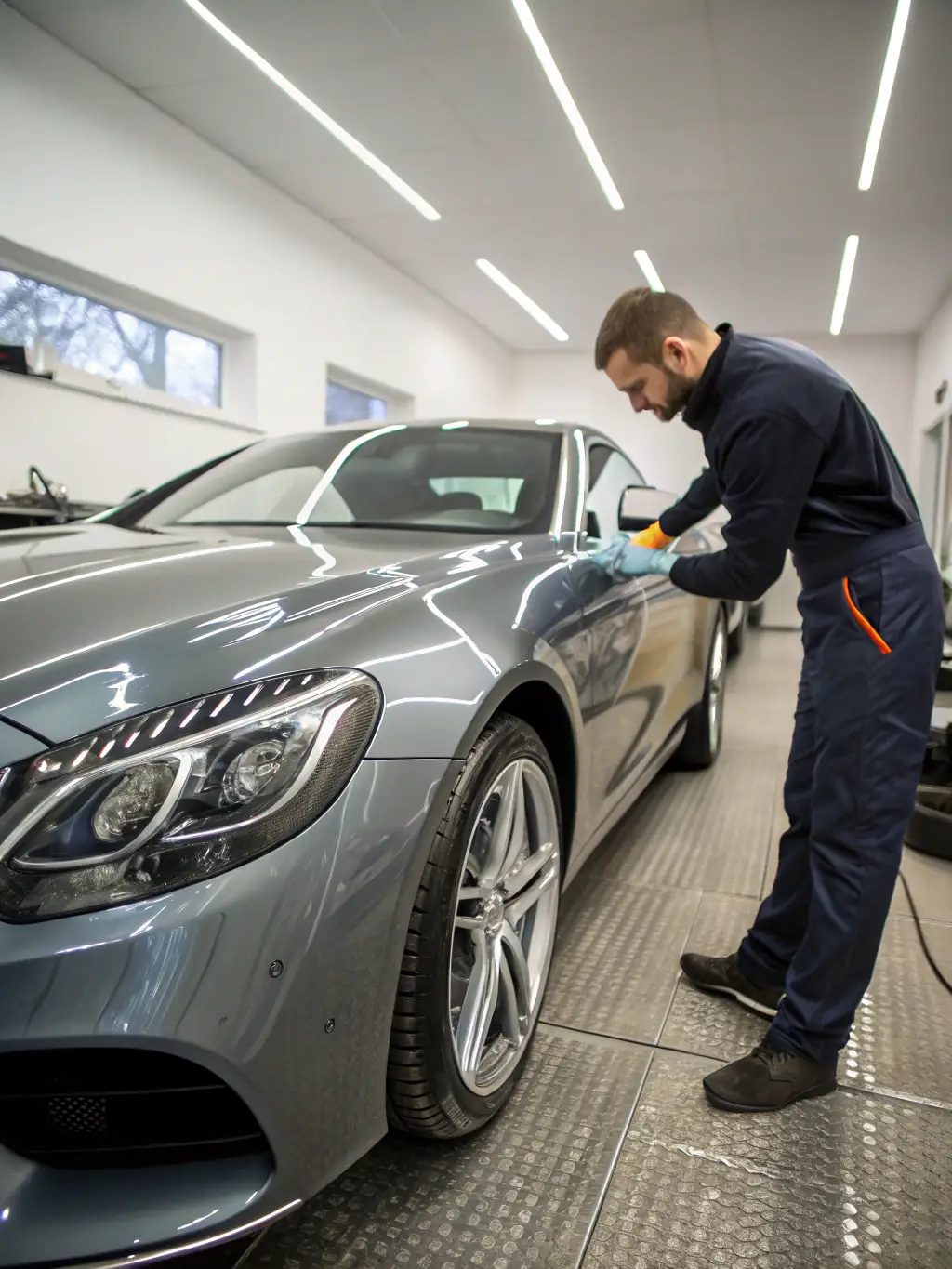 A professional detailer meticulously polishing a luxury car at Halils Bilvask, highlighting the precision and care involved in the Premium Detailing service.