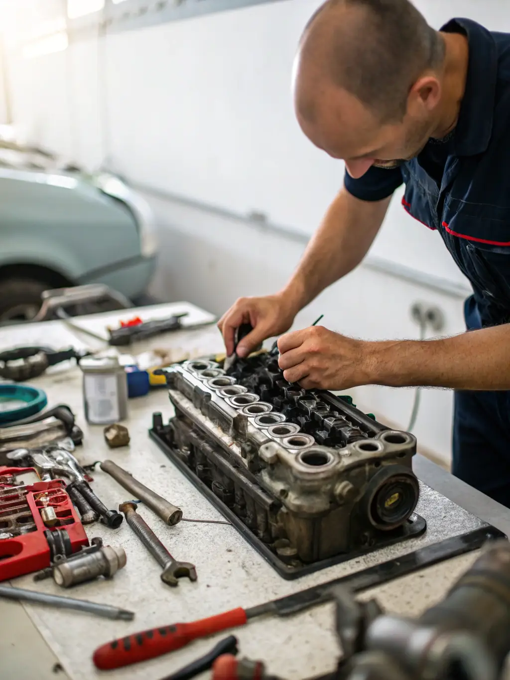 Close-up of a car engine being cleaned with specialized equipment, showcasing the engine cleaning add-on service offered by Halils Bilvask.