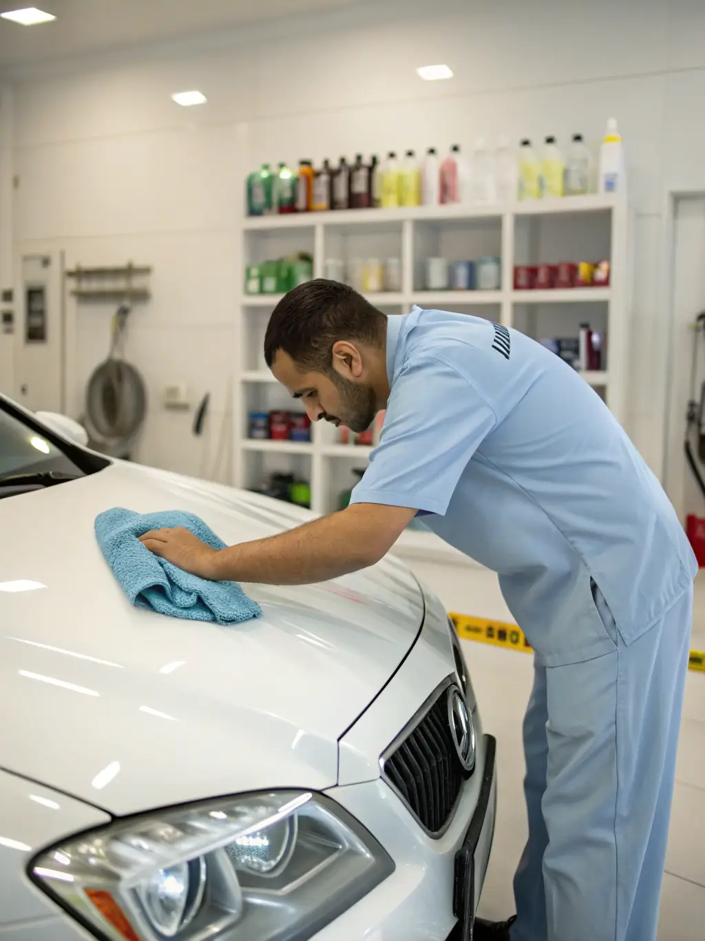 A car undergoing a premium detailing service, with a technician carefully polishing the paint to a high shine, highlighting the meticulous care provided by Halils Bilvask.