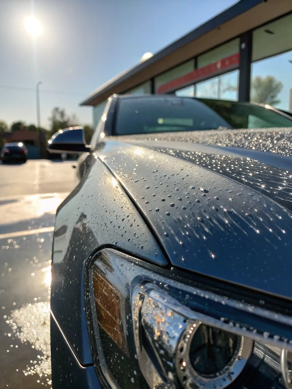 A gleaming, spotless car emerges from Halils Bilvask's Basic Car Wash, water droplets cascading off its polished surface, set against the backdrop of the modern car wash facility.
