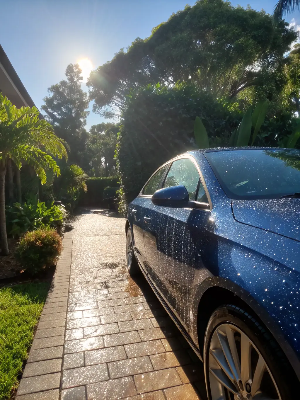 A clean, shiny car after a basic wash, water droplets glistening on the surface, showcasing the cleanliness achieved by Halils Bilvask's basic car wash service.
