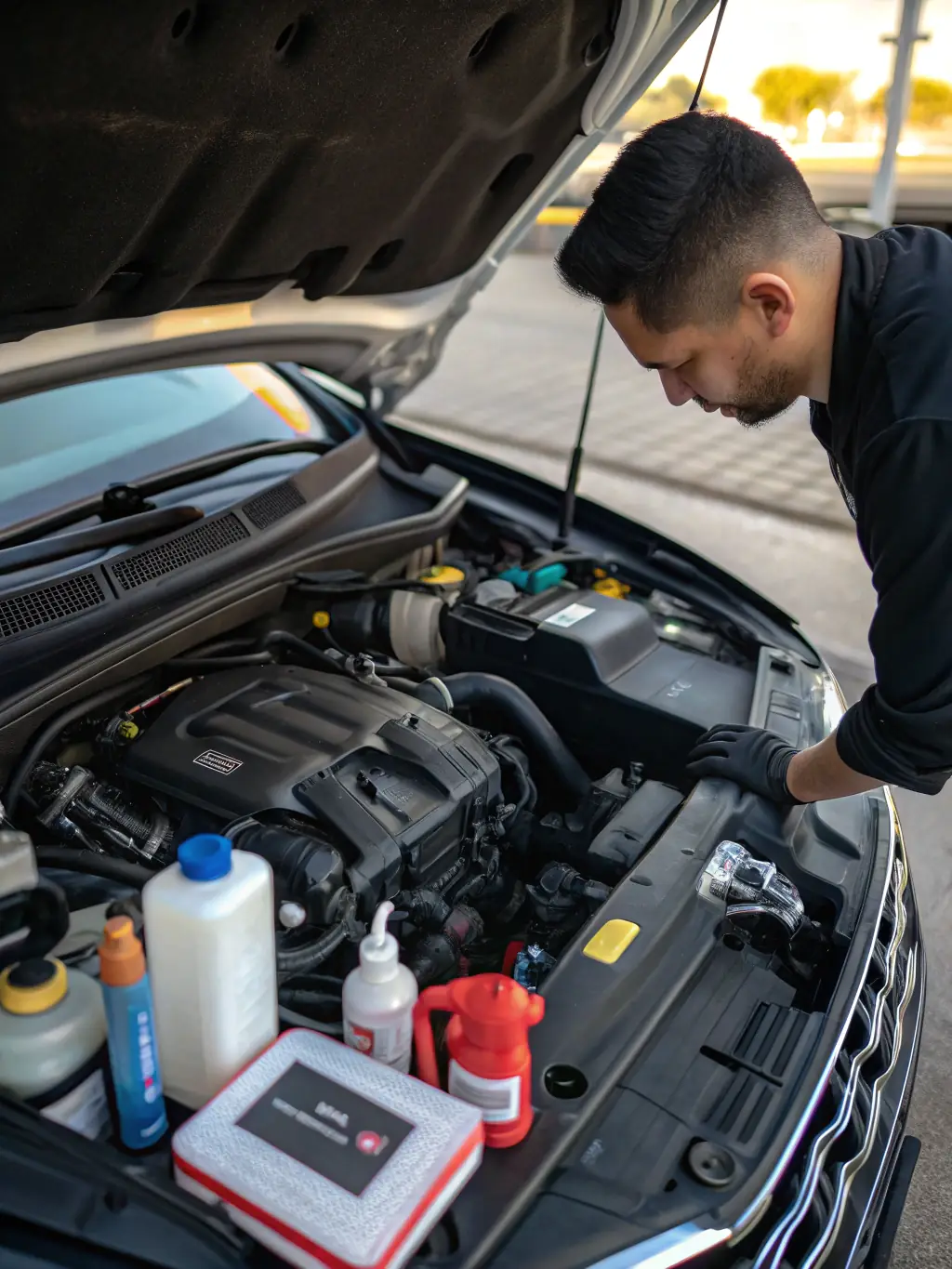 A technician at Halils Bilvask expertly cleaning a car engine, showcasing the Add-On Services available to customize your car wash experience.